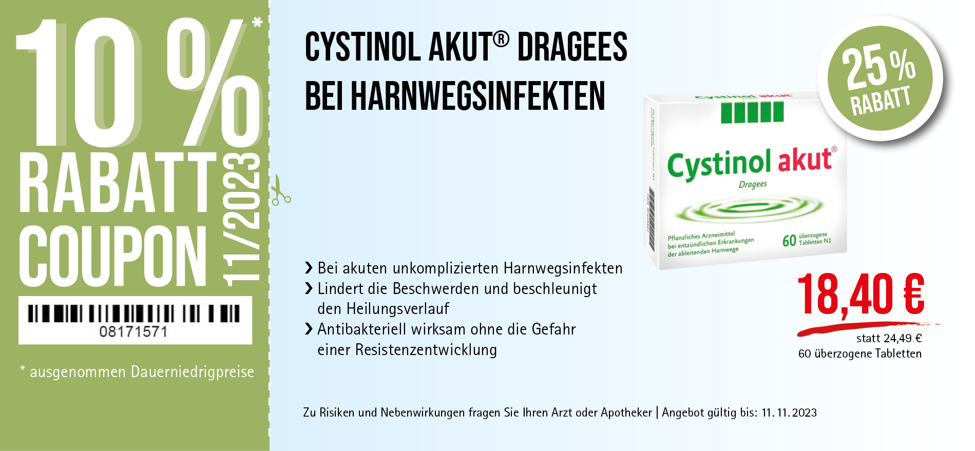 Cystinol akut® Dragees, 18,40€ statt 24,49€, Angebot gültig bis 11.11.2023